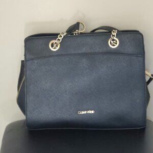 Calvin Klein Black Saffiano Shoulder Bag with Gold Chain Detail
